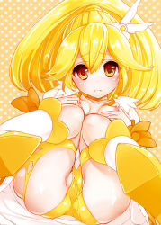 10s 1girl ask02 azuma_sawayoshi blonde_hair blush breast_hold breasts collarbone cure_peace female_focus hair_flaps kise_yayoi knees_together_feet_apart long_hair looking_at_viewer nipples partially_visible_vulva polka_dot polka_dot_background ponytail precure shorts small_breasts smile_precure! solo tears torn_clothes upshorts yellow_eyes yellow_shorts yellow_theme