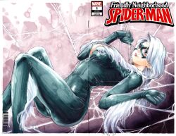 1girl black_bodysuit black_cat_(marvel) blue_eyes bodysuit breasts choker cleavage domino_mask felicia_hardy fur_trim gloves halloween highres large_breasts long_hair makeup marvel mask parted_lips rodrigo_yoshimiya skin_tight solo spider-man_(series) white_hair