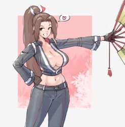 1girl absurdres black_gloves black_jacket black_pants breasts brown_eyes brown_hair cleavage fatal_fury female_focus folding_fan gloves grin hand_fan hand_on_own_hip heart high_ponytail highres holding holding_fan jacket large_breasts leather leather_jacket leather_pants legs long_hair looking_at_viewer matching_hair/eyes midriff navel no_bra open_mouth pants ponytail shiranui_mai smile snk solo spoken_heart standing the_king_of_fighters thick_thighs thighs unzipped victory_pose