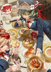 Rule 34 | 3girls, absurdres, alternate costume, animal, animal on head, baby animal, bamboo steamer, bird, black skirt, blazer, blonde hair, blue hat, blue jacket, bowl, breasts, chick, chicken feet (food), chinese commentary, chopsticks, closed eyes, closed mouth, collared shirt, commentary request, ender xiaohai, epaulettes, food, frilled hat, frills, from above, green hair, hat, highres, jacket, leaning forward, medium breasts, multiple girls, neck ribbon, necktie, niwatari kutaka, office lady, on head, onozuka komachi, open mouth, pencil skirt, plate, red eyes, red hair, red necktie, red ribbon, ribbon, shiki eiki, shirt, short hair, skirt, smile, spoken character, steamed bun, table, touhou, white shirt