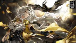 1girl asymmetrical_gloves bird black_bird black_shorts breasts cleavage cowboy_shot elbow_gloves fingerless_gloves floating_hair gloves hair_ornament high-waist_shorts highres jacket large_breasts long_hair mole mole_on_breast official_art ofuda second-party_source shorts single_elbow_glove single_hair_intake white_hair yellow_jacket yixuan_(zenless_zone_zero) zenless_zone_zero