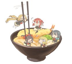 10s 5girls blonde_hair blush bow brown_hair chibi chopsticks food hair_ornament hair_ribbon in_food inubouzaki_fuu inubouzaki_itsuki long_hair miyoshi_karin multiple_girls noodles open_mouth ponytail ribbon school_uniform short_hair shrimp shrimp_tempura sitting skirt smile tempura tougou_mimori yuuki_yuuna yuuki_yuuna_wa_yuusha_de_aru yuusha_de_aru