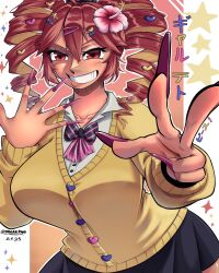 ahoge black_skirt blush bow bowtie breasts collared_shirt cowboy_shot dated dreka drill_hair fingernails flower gyaru hair_flower hair_ornament hairclip hands_up heart heart_hair_ornament highres kasane_teto kogal large_breasts long_fingernails magical_miracle_metagalphose_(synthv) manba_gyaru outline parted_lips purple_bow purple_bowtie purple_nails red_eyes red_hair shirt skirt smile socks star_(symbol) star_hair_ornament striped_bow striped_bowtie striped_clothes sweater twin_drills twitter_username utau white_outline white_shirt yellow_sweater
