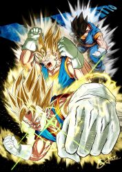 1boy absurdres artist_name aura black_background black_hair blonde_hair blue_pants blue_shirt boots character_name dougi dragon_ball dragonball_z gekiroo gloves green_eyes highres medium_hair multiple_views orange_sash orange_shirt pants shirt simple_background spiked_hair transformation vegetto white_boots white_gloves