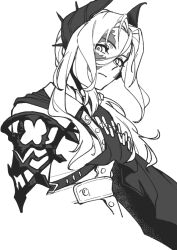 1girl closed_mouth cropped_torso greyscale hair_ornament jacket long_hair looking_at_viewer military_uniform monochrome petrification reverse:1999 rifle_cartridge sentinel_(reverse:1999) side_cape solo upper_body white_background yihan