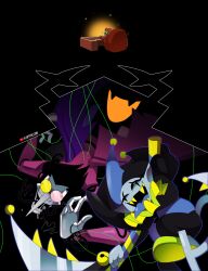 1other 3boys black_hair black_pants black_sclera blue_tongue colored_sclera colored_teeth colored_tongue commentary deltarune doll_joints english_commentary fangs gerson green_shoes hat heterochromatic_eyewear highres holding holding_quill holding_scythe jester_cap jevil joints lisa77494 multiple_boys pants pointy_nose puppet_strings quill roaring_knight saliva scythe sharp_teeth shoes short_hair sitting spamton_g._spamton spamton_neo string teeth tinted_eyewear tongue tongue_out turtle_boy wings yellow_eyes yellow_teeth youtube_username