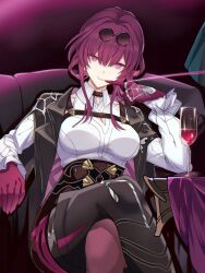 1girl asymmetrical_footwear black_boots black_jacket boots breasts collared_shirt commentary_request crossed_legs eyewear_on_head glass glasses gloves high-waist_shorts highres honkai:_star_rail honkai_(series) jacket jacket_on_shoulders kafka_(honkai:_star_rail) large_breasts long_sleeves looking_at_viewer pantyhose pince-nez purple_eyes purple_gloves purple_hair purple_pantyhose round_eyewear saint_laurent_paris shirt shirt_tucked_in shorts sitting smile solo spider_web_print thigh_boots white_shirt