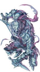 1other absurdres armor belt commentary dagger full_armor full_body gauntlets greaves highres holding holding_dagger holding_knife holding_sword holding_weapon knife living_armor nameno92372763 original pauldrons sheath shoulder_armor simple_background solo sword weapon white_background
