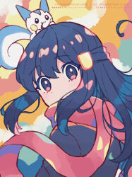 1girl akari_(pokemon) black_hair floating_scarf gen_4_pokemon hair_between_eyes hair_ornament hairclip haru_(haruxxe) highres jacket long_hair looking_to_the_side nintendo on_head pachirisu pink_scarf pokemon pokemon_(creature) pokemon_legends:_arceus pokemon_on_head scarf scarf_over_mouth sidelocks watermark