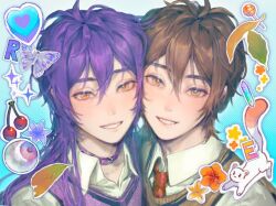 2boys animal brothers brown_eyes brown_hair bug butterfly candy chenyao4444444 cherry choker collared_shirt crystal eiden_(nu_carnival) eyeball flower food fruit hair_between_eyes happy heart insect leaf letter lollipop long_hair looking_at_viewer male_focus messy_hair multiple_boys nu_carnival purple_hair rin_(nu_carnival) shirt short_hair siblings smile sticker sweater_vest teeth tie topper_(nu_carnival)