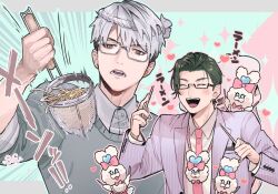 Rule 34 | 2boys, :d, ^ ^, aqua background, asymmetrical bangs, black-framed eyewear, black hair, blush, breast pocket, brown eyes, buttons, chopsticks, closed eyes, cofu 17, collared shirt, commentary request, emphasis lines, food, glasses, grey-framed eyewear, grey background, grey hair, grey jacket, grey sweater, hachimaki, hand up, hands up, headband, heart, highres, hitotsubashi ayato, holding, holding chopsticks, itsuki sakyo, jacket, lapels, long sleeves, male focus, motion blur, multiple boys, necktie, nejiri hachimaki, nijisanji, noodle strainer, noodles, open clothes, open jacket, open mouth, parted bangs, pen, pink background, pink necktie, pinstripe jacket, pinstripe pattern, pocket, semi-rimless eyewear, shirt, short hair, sleeves rolled up, smile, sparkle, strainer, stuffed animal, stuffed rabbit, stuffed toy, sweater, teeth, under-rim eyewear, undercut, upper body, upper teeth only, v-shaped eyebrows, virtual youtuber, white shirt, wing collar