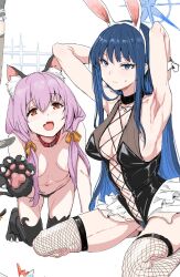 2girls animal_ears animal_hands armpits atsuko_(blue_archive) blue_archive blue_eyes blue_hair breasts clearite fang female_pubic_hair fishnet_thighhighs fishnets gloves halo highres large_breasts long_hair medium_breasts multiple_girls paw_gloves pink_hair pubic_hair rabbit_ears saori_(blue_archive) simple_background skin_fang thighhighs white_background