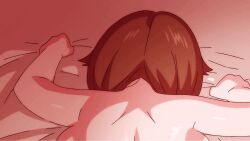 1boy 1girl animated animated_gif anus ass ass_focus backboob breasts brown_hair censored colorized completely_nude doggystyle idolmaster idolmaster_cinderella_girls katagiri_sanae large_breasts long_hair mosaic_censoring nude on_bed pole_(ppp1409) sex sex_from_behind tagme