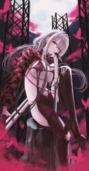 1girl absurdres blush body_chain bodysuit breasts brown_eyes checkered_clothes checkered_shrug closed_mouth clothing_cutout gloves goddess_of_victory:_nikke grey_hair hair_intakes highres holding holding_sword holding_weapon large_breasts latex latex_bodysuit long_hair looking_at_viewer navel official_alternate_costume red_shrug scarlet_(nikke) scarlet_(racer&#039;s_high)_(nikke) sideless_outfit sitting skin_tight solo stomach sword sxrxri_a thigh_cutout weapon