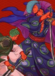 Rule 34 | 2boys, blue hair, cape, chonmage, commentary request, denjirou (one piece), green hair, highres, holding, holding sword, holding weapon, larugo0513, male focus, multiple boys, one piece, pompadour, red sash, roronoa zoro, sash, sideburns, sword, topknot, v-shaped eyebrows, weapon, wide sleeves