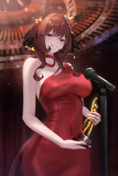 1girl absurdres animal_ears black_ribbon blurry blurry_background bow breasts brown_hair choker commentary_request covered_navel dress ear_covers ear_ribbon gentildonna_(umamusume) highres hikari_(hikaripauwa) horse_ears horse_girl horse_tail large_breasts looking_at_viewer medium_hair microphone red_choker red_dress ribbon sleeveless sleeveless_dress solo tail umamusume