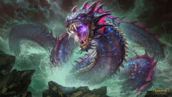 Rule 34 | absurdres, copyright name, grey sky, highres, jormungandr (mythology), jormungandr (smite), logo, no humans, norse mythology, ocean, official art, open mouth, purple eyes, sea serpent, sharp teeth, sky, slit pupils, smite, solo, storm, teeth, water