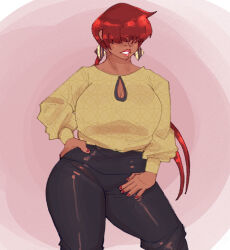 1girl 1shermieaday breasts curvy dark-skinned_female dark_skin earrings female_focus grabbing_own_ass hand_on_own_hip huge_breasts jewelry large_breasts long_hair long_sleeves pants ponytail red_hair shermie_(kof) standing sweater tan the_king_of_fighters thick_lips thick_thighs thighs twintails wide_hips