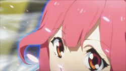 10s 1girl animated bare_shoulders bouncing_breasts breasts center_opening cleavage female_focus holding large_breasts long_hair lowres macross macross_delta makina_nakajima open_mouth red_hair smile solo twintails
