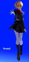 1girl aigis_(persona) betti_(xx_betti) black_skirt blazer blonde_hair blue_background blue_eyes bow bowtie brown_shoes full_body gekkoukan_high_school_uniform hair_between_eyes hashtag-only_commentary headphones highres jacket long_sleeves looking_at_viewer pantyhose parted_lips persona persona_3 red_bow red_bowtie school_uniform shoes short_hair skirt solo white_pantyhose