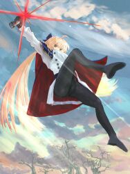 1girl artoria_caster_(fate) artoria_pendragon_(fate) black_pantyhose blonde_hair blue_ribbon bomb cape cloud cloudy_sky dress explosive fate/grand_order fate_(series) green_eyes hair_ribbon highres holding holding_bomb long_hair long_sleeves no_shoes pantyhose pipe_bomb ravenovae red_cape ribbon sky solo white_dress
