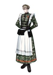 Rule 34 | 1boy, absurdres, amaki rou, apron, arms behind back, bandaid, bandaid on cheek, bandaid on face, belt, belt buckle, belt pouch, black belt, black boots, black necktie, boots, boys be maid!, breast pocket, brown eyes, brown hair, buckle, camouflage dress, chest harness, closed mouth, collared dress, crossdressing, crossdressing (mtf), dog tags, double-parted bangs, dress, expressionless, full body, hair between eyes, harness, highres, lace-up boots, long dress, long sleeves, looking at viewer, maid, maid apron, maid headdress, male focus, male maid, medal, necktie, official art, pocket, pouch, second-party source, short hair, sideways glance, solo, standing, tachi-e, tactical maid, transparent background, ugonba (howatoro), unconventional maid, undercut, white apron