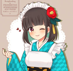 1girl apron black_hair blunt_bangs caramel_coco24 closed_mouth colored_inner_hair commentary_request flower grey_background hair_flower hair_ornament hand_up iroha_(rune_factory) japanese_clothes long_sleeves looking_at_viewer lowres maid maid_apron maid_headdress multicolored_hair one_eye_closed red_eyes red_flower rune_factory rune_factory:_guardians_of_azuma short_hair simple_background smile solo upper_body wa_maid white_apron wide_sleeves yagasuri