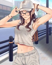 1girl adjusting_clothes adjusting_headwear armpits arms_up baseball_cap black-framed_eyewear blurry blurry_background bracelet breasts brown_eyes building crop_top ear_piercing glasses guard_rail hat highres jewelry lamppost long_sleeves looking_at_viewer midriff mole nail_polish navel original outdoors pants piercing ribbed_tank_top road saitou_(lynx-shrike) small_breasts street tank_top tree white_pants white_tank_top