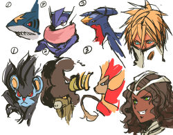 2girls aqua_eyes arrancar bleach blonde_hair bouffalant brown_hair crossover dark-skinned_female dark_skin franceska_mila_rose garchomp gen_3_pokemon gen_4_pokemon gen_5_pokemon gen_6_pokemon green_eyes greninja grin highres long_hair luxray multiple_girls nameo_(judgemasterkou) nintendo pokemon pokemon_(creature) pyroar sharpedo sketch smile tier_harribel