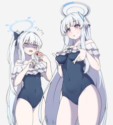 2girls blue_archive blue_halo blush breasts cellphone clov3r halo highres large_breasts long_hair miyako_(blue_archive) miyako_(swimsuit)_(blue_archive) multiple_girls noa_(blue_archive) off_shoulder open_mouth phone ponytail purple_eyes simple_background small_breasts smartphone standing swimsuit white_background white_hair