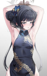 1girl absurdres armpits arms_behind_head arms_up black_dress black_hair blue_archive breasts bun_with_braided_base butterfly_hair_ornament china_dress chinese_clothes double_bun dragon_print dress grey_background grey_eyes grey_halo hair_bun hair_ornament halo highres kisaki_(blue_archive) laseri long_hair looking_at_viewer open_mouth pelvic_curtain print_dress side_slit sleeveless sleeveless_dress small_breasts solo sweat twintails
