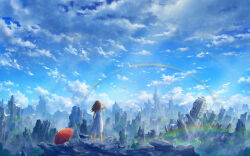 1girl arm_at_side au_ito bare_arms barefoot bird blue_sky brown_hair building city cityscape cloud cloudy_sky commentary_request day double_rainbow dress floating_hair hand_on_own_head highres light_rays long_hair original outdoors overgrown post-apocalypse rainbow red_umbrella rock ruins scenery sky skyscraper sleeveless sleeveless_dress solo standing sunbeam sunlight umbrella white_dress wide_shot