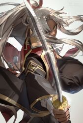 1boy amakusa_shirou_(fate) amakusa_shirou_(third_ascension)_(fate) ascot black_hakama black_kimono cross cross_print dark-skinned_male dark_skin fate/grand_order fate_(series) gold_trim hakama high_ponytail highres holding holding_sword holding_weapon japanese_clothes jinbaori katana kimono long_hair long_sidelocks long_sleeves looking_at_viewer miike_tenta_mitsuyo_(fate) parted_bangs ponytail sidelocks simple_background solo sword tsugutoku weapon white_ascot white_hair yellow_eyes