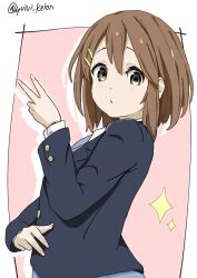 1girl blazer blue_jacket brown_eyes brown_hair hair_ornament hairclip hirasawa_yui jacket k-on! long_sleeves looking_at_viewer medium_hair sakuragaoka_high_school_uniform school_uniform sketch solo straight_hair twitter_username yuiui_keion