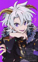 1boy black_jacket character_request commentary_request copyright_request ear_piercing gold_horns highres jacket kawasaki_(kwsk_8765) looking_at_viewer male_focus open_mouth piercing purple_background purple_eyes smile solo upper_body watermark white_hair wide_sleeves