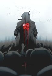 1boy black_coat charon_(reverse:1999) coat covered_face dog_tags facing_viewer flock flower gloves grey_background hand_up highres holding_dog_tags ling_(chaaaaanhikari) people red_flower reverse:1999 simple_bird tree veil white_gloves white_veil