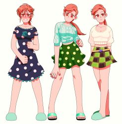 Rule 34 | 1girl, absurdres, blush, brown eyes, brown hair, reference sheet, diamond wa kudakenai, dress, heart, highres, jojo no kimyou na bouken, kawajiri shinobu, midriff, mature female, miniskirt, nail polish, polka dot, ponytail, red eyes, sandals, skirt, slippers, tariah furlow, variations, waving