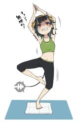 1girl alternate_costume armpits arms_up barefoot black_hair black_pants blue_hair blunt_bangs blush clenched_teeth clothes_writing commentary demon_girl demon_horns demon_tail flat_chest full_body green_tank_top highres horns medium_hair midriff multicolored_hair nanashi_inc. navel nintendo own_hands_together pants pointy_ears red_eyes shaded_face shishio_chris short_bangs solo standing standing_on_one_leg stretching sweat tail tank_top teeth tengu_nimuru translation_request two-tone_hair virtual_youtuber white_background wii_balance_board wii_fit yoga yoga_pants