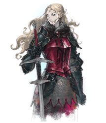 1girl armor armored_dress avlora_(triangle_strategy) blonde_hair blue_eyes breastplate closed_mouth cowboy_shot dress expressionless gauntlets gem holding holding_sword holding_weapon ikusy long_hair looking_afar official_art shoulder_armor solo standing sword transparent_background triangle_strategy two-handed_sword warrior weapon