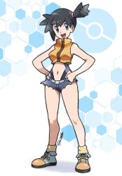 1girl :d asymmetrical_hair bare_arms black_hair blue_eyes blush breasts cosplay crop_top denim denim_shorts gen_1_pokemon gym_leader hands_on_own_hips hexagon highres knees legs looking_at_viewer midriff misty_(pokemon) navel nintendo open_mouth pokemon pokemon:_the_electric_tale_of_pikachu pokemon_(anime) ponytail shirt shoes short_hair short_shorts shorts siczak side_ponytail sleeveless sleeveless_shirt smile socks solo standing suspenders tank_top teeth thighs tongue upper_teeth_only yellow_shirt