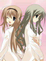 Rule 34 | 2girls, ahoge, black hairband, black headband, blonde hair, breasts, chaos;head, clothing cutout, collared shirt, ears visible through hair, from side, glasses, green eyes, green hair, hairband, hand on own arm, headband, highres, kusunoki yua, long hair, looking at viewer, multiple girls, nishijou nanami, non-web source, official art, one eye closed, open collar, open cuffs, open mouth, purple eyes, round eyewear, sasaki mutsumi, shirt, side cutout, sidelocks, smile, stray hair, thighs, white shirt