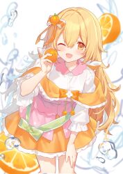 Rule 34 | 1girl, ;d, absurdres, blonde hair, blush, borrowed character, collared shirt, commentary, commission, contrast collar, cowboy shot, food, food-themed hair ornament, frilled skirt, frills, fruit, fruit hair ornament, hair between eyes, hair ornament, hair ribbon, highres, hiraga matsuri, holding, holding food, holding fruit, long hair, long sleeves, looking at viewer, one eye closed, open mouth, orange (fruit), orange ribbon, orange skirt, original, ribbon, shirt, skeb commission, skirt, smile, solo, white shirt, yellow eyes