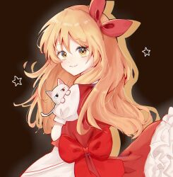 Rule 34 | 1girl, apron, back bow, blonde hair, bow, brown background, cat, closed mouth, commentary request, ellen (touhou), frilled skirt, frills, hair ribbon, hairband, happy, highres, long hair, looking at viewer, looking back, puffy short sleeves, puffy sleeves, red bow, red hairband, red ribbon, red skirt, red vest, ribbon, shirasu bo, shirt, short sleeves, simple background, skirt, smile, sokrates (touhou), star (symbol), touhou, touhou (pc-98), very long hair, vest, waist apron, waist bow, white apron, white cat, white shirt, yellow eyes