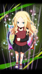 1girl anime_coloring ansatsu_kyoushitsu black_skirt blonde_hair blue_eyes child clenched_hand closed_mouth collarbone full_body irina_jelavic long_hair long_sleeves looking_at_viewer morita_kazuaki plaid_clothes plaid_shirt pleated_skirt shirt shoes skirt solo tsurime very_long_hair wavy_hair