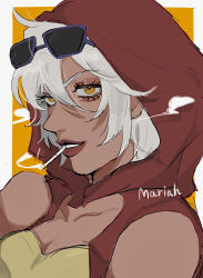1girl absurdres bare_shoulders breasts character_name cigarette eyelashes eyewear_on_head hair_between_eyes highres jojo_no_kimyou_na_bouken looking_at_viewer mariah_(jojo) matubaru_chan portrait purple-framed_eyewear red_hood red_lips small_breasts smile smoke smoking solo stardust_crusaders tinted_eyewear white_hair yellow_background yellow_eyes
