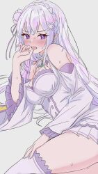 1girl bare_shoulders blush breasts cleavage dress elf emilia_(re:zero) flower hair_flower hair_ornament highres long_hair medium_breasts open_mouth out_of_frame pointy_ears purple_eyes purple_trim re:zero_kara_hajimeru_isekai_seikatsu simple_background solo sweat warg_game white_dress white_flower white_hair