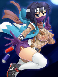 1girl belt black_hair blue_eyes breasts cape female_focus fishnet_gloves fishnets forehead_protector gloves hood kuronari_asuka large_breasts long_hair mask miniskirt mokkosss mouth_mask ninja nipples real_bout_high_school shoes short_hair skirt smoke_grenade sneakers solo thighhighs white_thighhighs