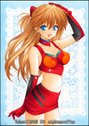 Rule 34 | 1girl, bare shoulders, blue eyes, blush, bodysuit, breasts, brown hair, interface headset (evangelion), long hair, looking at viewer, marker (medium), mecha pilot suit, medium breasts, midriff, navel, neon genesis evangelion, nightmare77zx, open mouth, plugsuit (evangelion), race queen, red bodysuit, solo, souryuu asuka langley, traditional media, two side up