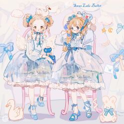 Rule 34 | 2girls, :3, animal, animal on head, back bow, ballet slippers, bird, bird on head, bird wings, blonde hair, blue background, blue bow, blue bowtie, blue dress, blue eyes, blue flower, blue ribbon, blue rose, blue shoes, blush stickers, bow, bow button, bow legwear, bowtie, braid, center frills, chair, chinese commentary, classic lolita, closed mouth, cloud, collarbone, commentary request, crescent, curtains, double bun, dress, earrings, english text, fashion, feathered wings, feathers, flower, flower earrings, footwear bow, frilled dress, frills, frown, full body, hair bow, hair bun, hair flower, hair ornament, hair over shoulder, hands on headwear, hat, hat bow, hat flower, heart, heart hair ornament, high heels, highres, holding, holding stuffed toy, jewelry, layered dress, leg ribbon, lolita fashion, long hair, long sleeves, looking at viewer, medium dress, multiple girls, musical note, nail polish, on head, original, pantyhose, pink flower, pink rose, puffy long sleeves, puffy sleeves, pumps, putong xiao gou, red lips, red nails, ribbon, rose, shadow, shoes, single braid, sitting, smile, stage, standing, star (symbol), stuffed animal, stuffed rabbit, stuffed toy, sun hat, swan, swan lake, swan print, teddy bear, wavy hair, white bow, white dress, white hat, white pantyhose, white wings, winged heart, wings, yellow bow, yellow bowtie