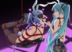 2girls absurdres animal_ears aqua_eyes aqua_hair arms_behind_back ball_gag bdsm blindfold blue_hair bound bound_arms bound_legs breasts drooling dual_persona egg_vibrator fake_animal_ears fake_tail fishnet_pantyhose fishnets gag gag_harness gagged hatsune_miku heart high_heels highres leotard liangfangliangfangliang long_hair looking_at_another medium_breasts medium_hair multiple_girls pantyhose playboy_bunny rabbit_ears rabbit_hole_(vocaloid) rabbit_tail rope sex_toy shibari shibari_over_clothes spoken_heart strapless strapless_leotard suspension tail twintails variant_set very_long_hair vibrator vocaloid wiffle_gag yuri